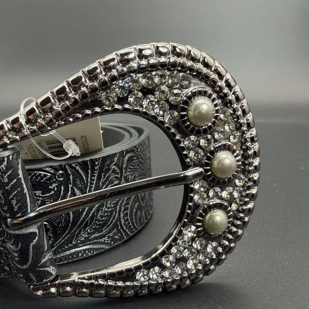 Chico's Women's M Black Floral Embossed Faux Leather Belt Rhinestone Buckle NWT - Picture 8 of 9